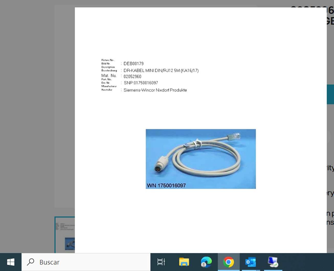 WINCOR NIXDORF POS Cash Drawer Cable 01750016097